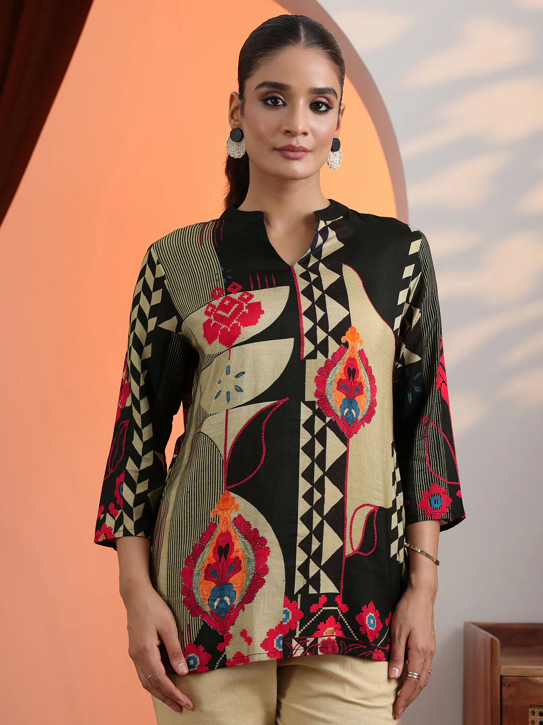 Black Printed Tunic Short Kurti